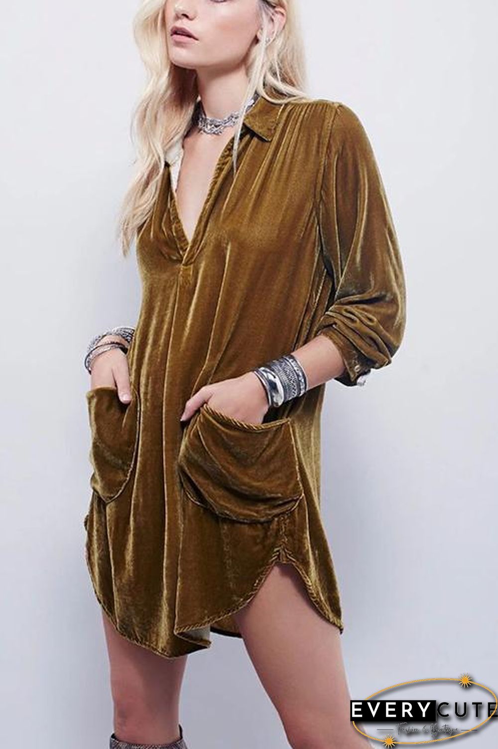V Neck Pockets Velvet Shirt Dress