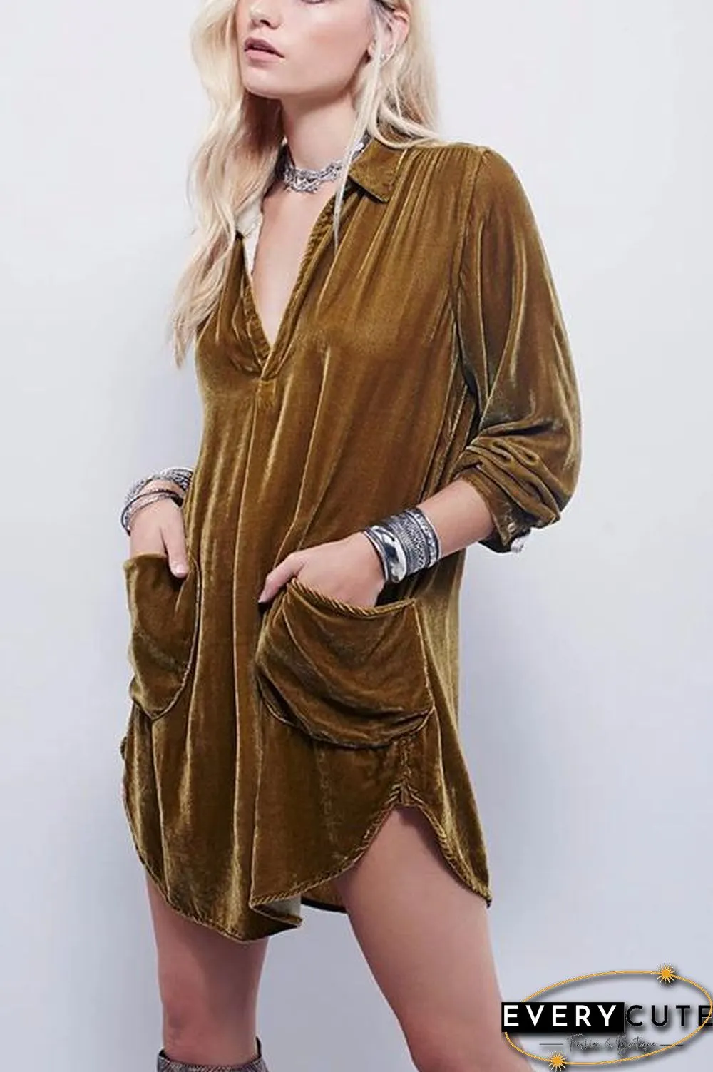 V Neck Pockets Velvet Shirt Dress