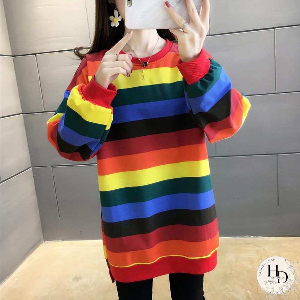 Fashion Rainbow Color Sweatshirt Hoodies Women Loose Long Sleeve Pullover Female Spring Autumn Oversized Harajuku Striped