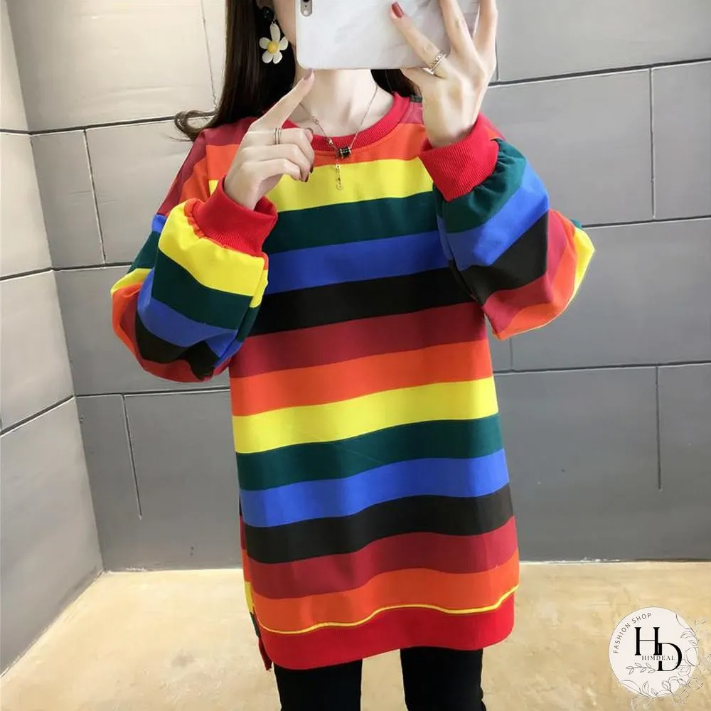 Fashion Rainbow Color Sweatshirt Hoodies Women Loose Long Sleeve Pullover Female Spring Autumn Oversized Harajuku Striped