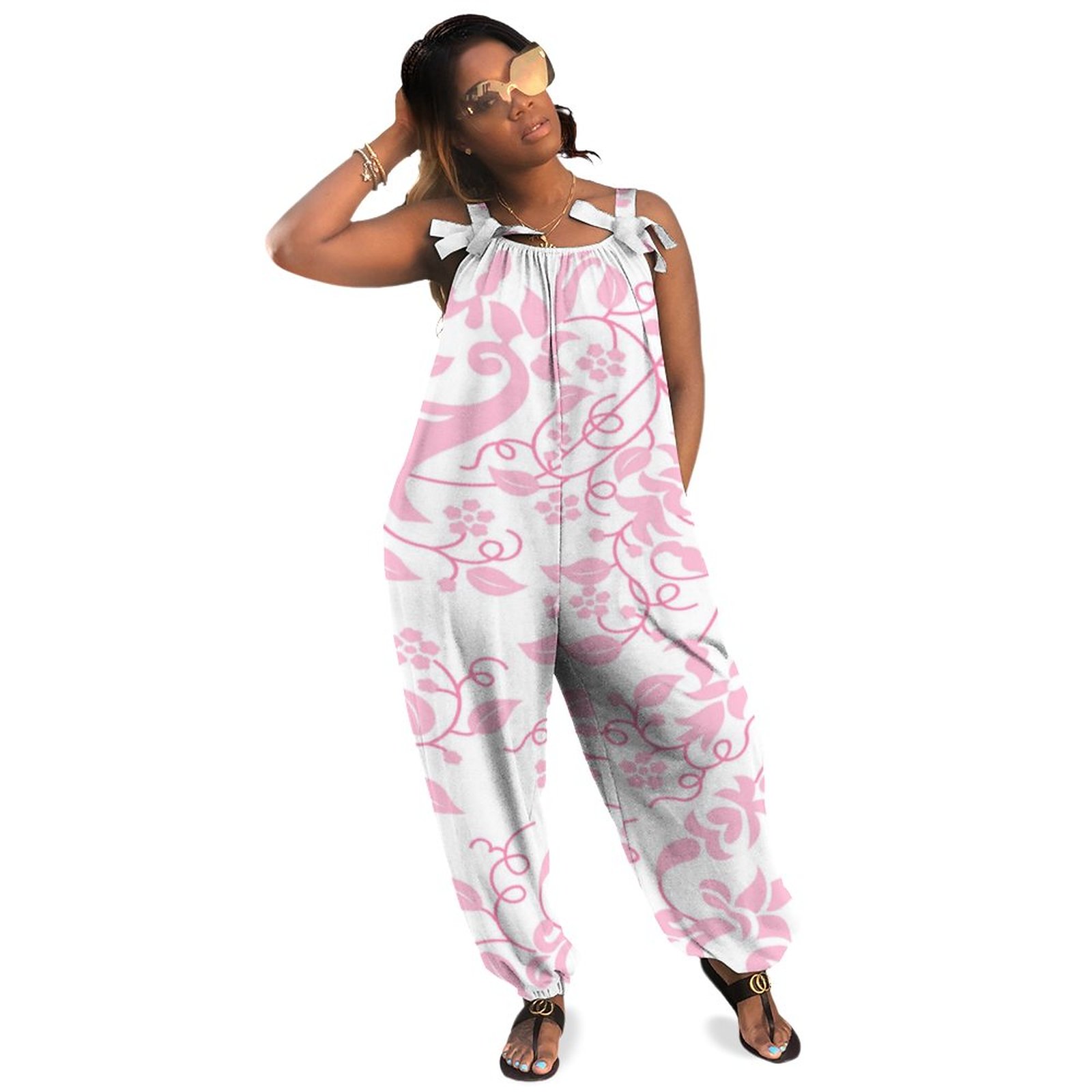 White With Pink Floral Design Pattern Women Plus Size Jumpsuit Summer Loose Harem Pants Floral Print Wide Leg Jumpsuit With Skirt Boho Casual Pockets Polyester Spandex