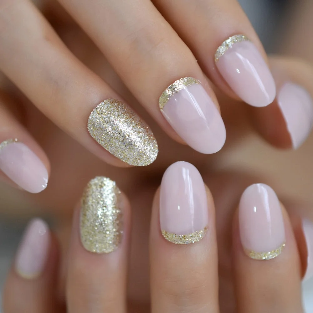 Light Pink Oval Fake Nails Daily Style Gold Glitter MOO Short Nail Art Tips Press on Nails Shimmer Manicure Tip with Adhesive-Nail Inspo