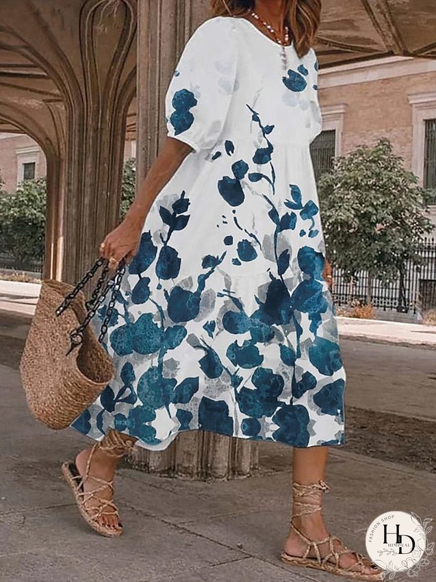 Casual Dress Swing Dress Print Dress Floral Print V Neck Midi Dress Active Fashion Outdoor Street Short Sleeve Loose Fit Red Blue Light Blue Summer Spring S M L XL XXL for Women