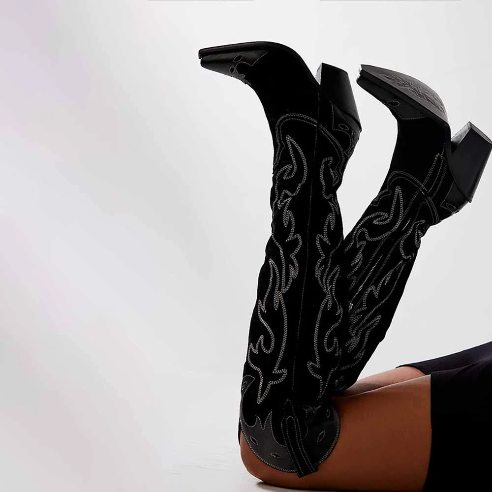 Black Pointed Toe Chunky Heel Zipper Knee High Cowgirl Boots Nicepairs