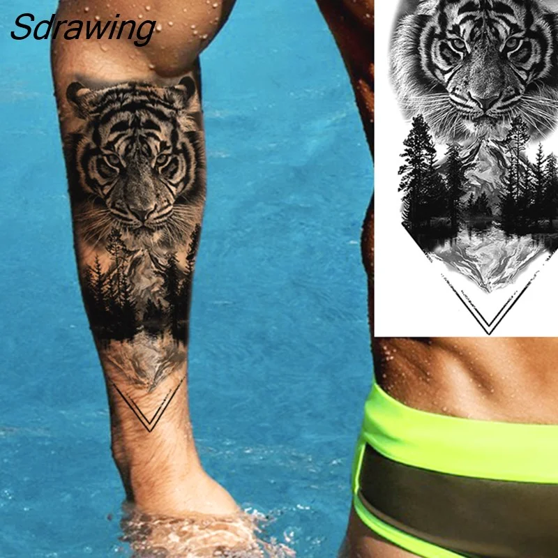 Sdrawing Warrior Punk Skeleton Gangster Rose Flower Temporary Tattoos For Women Men Lion Tiger Skull Rose Fake Tattoo Sexy Arm