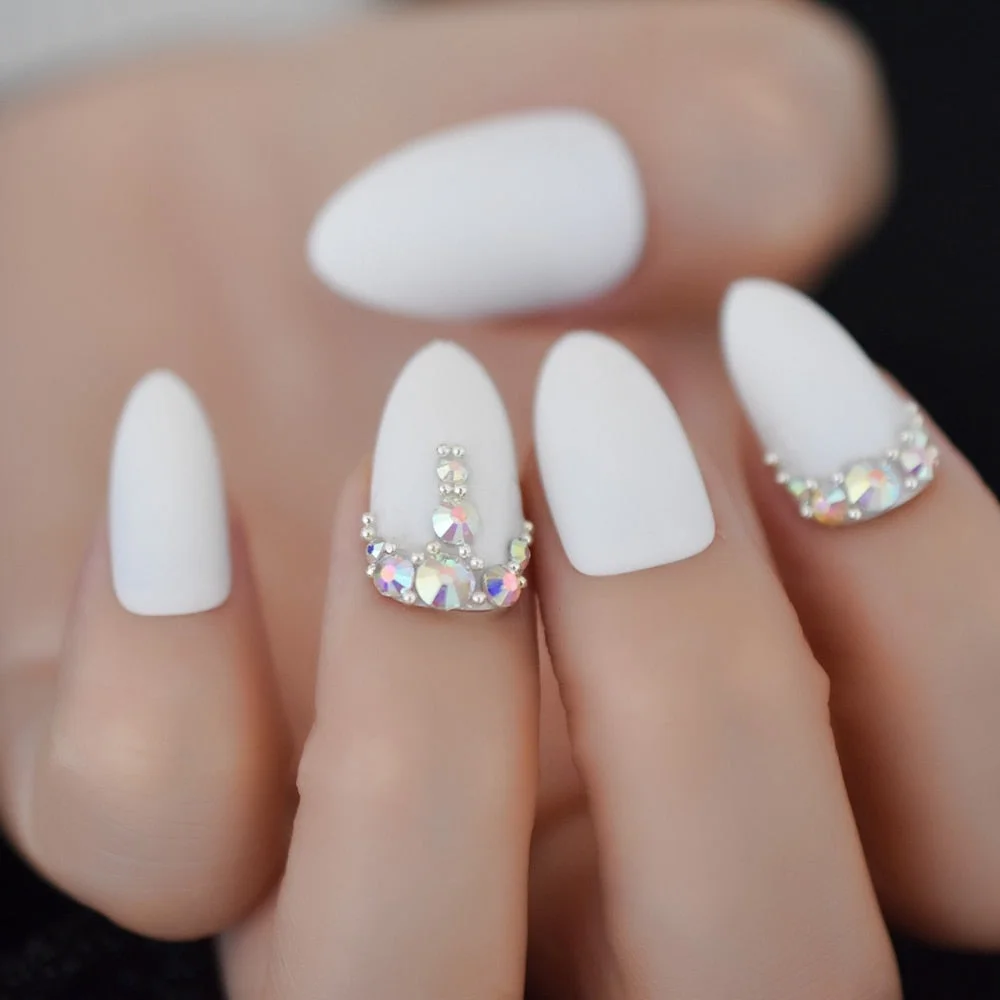 Matte Custom Fake Nails Craft White Decorative Luxury Nails Stiletto Rhinestones Designed Fingernails with Glue sticker 24pcs-Nail Inspo