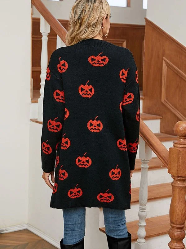 Athvotar Athvotar Sweater For Women's Casual Halloween Pumpkin Head With Long Coat Knitted Cardigan