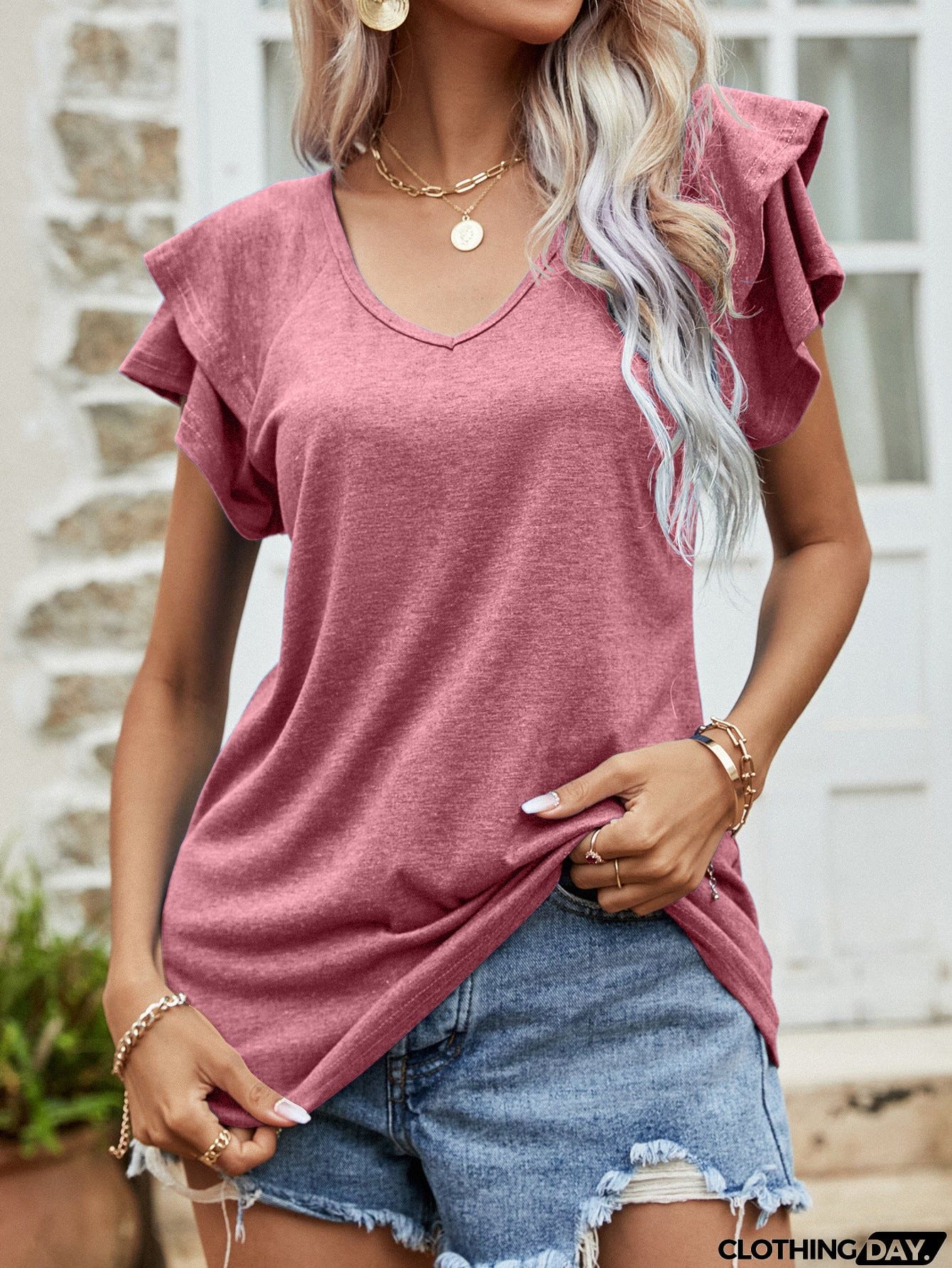 Layered Flutter Sleeve V-Neck Top