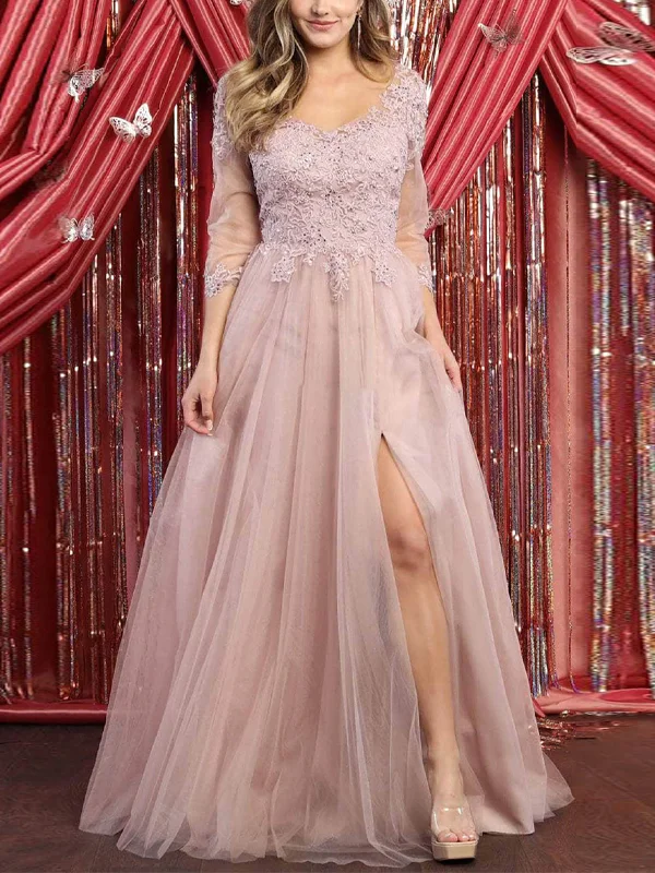 V-Neck Lace Solid Color Maxi Dress