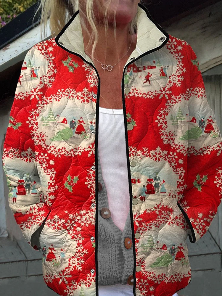 Women's Vintage Christmas Art Print Casual Quilted Jacket