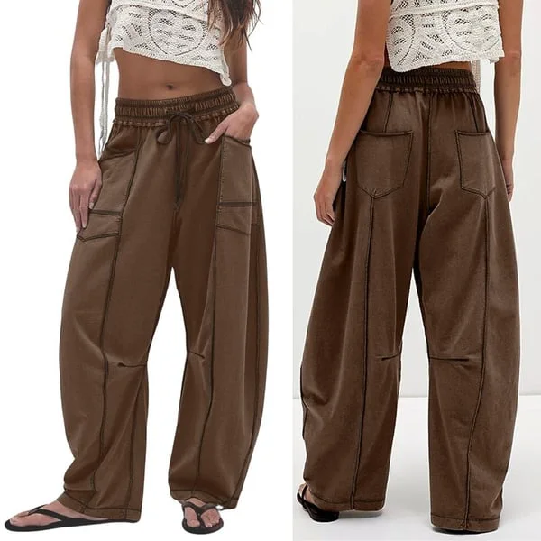 Womens Baggy Barrel Pants Wide Leg Lounge Drawstring Sweatpants with Pockets