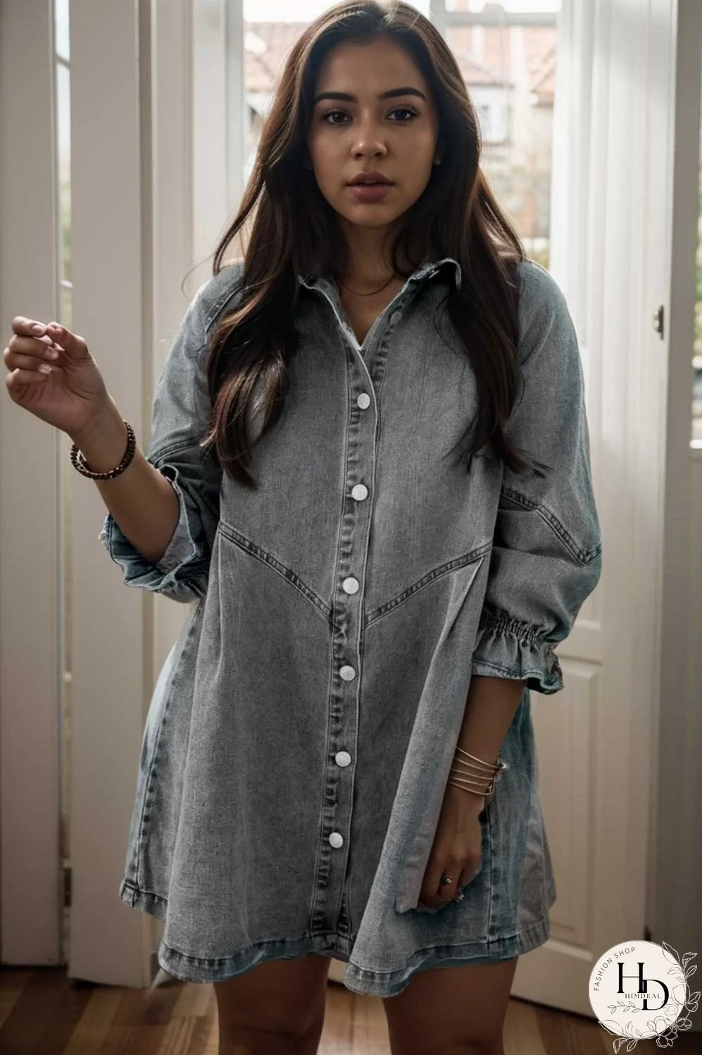 down loose short sleeve denim jean dress drop shoulder a line paneled peasant closed bateau v neck dress