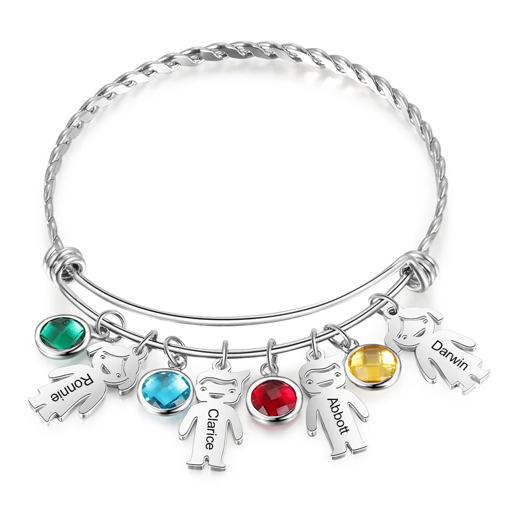 Personalized Kid Charm Bangle Bracelet Custom 4 Birthstones and Names for Her