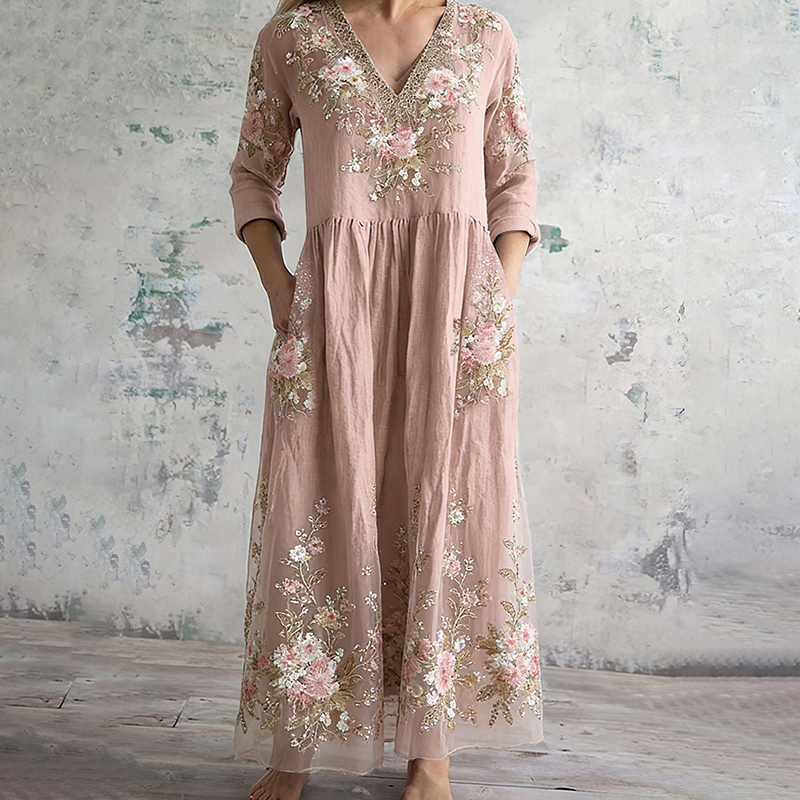 Comstylish Women's Vintage Pink Floral Art V Neck Casual Linen Blend Midi Dress