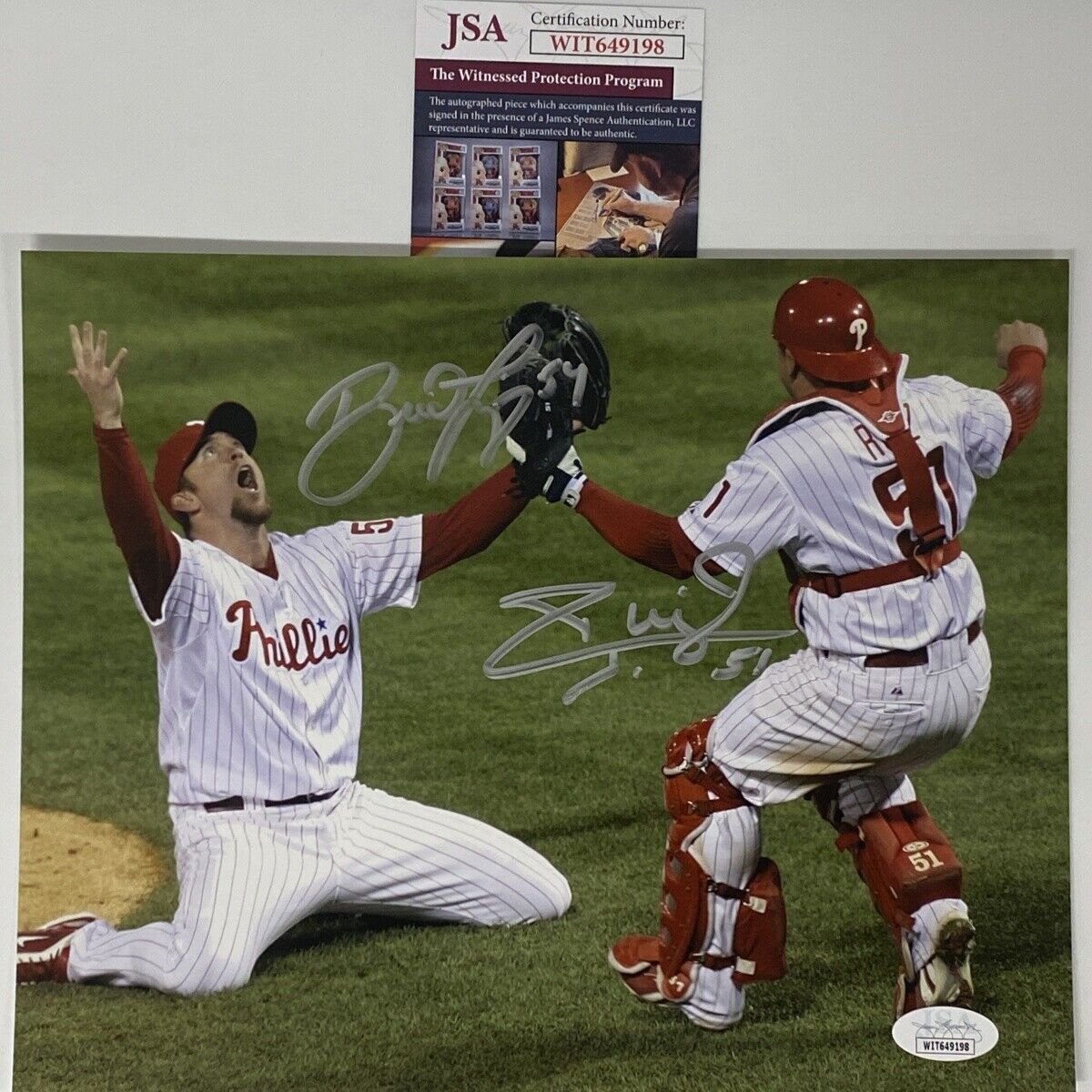 Autographed/Signed BRAD LIDGE CARLOS RUIZ 2008 World Series 8x10 Photo Poster painting JSA COA