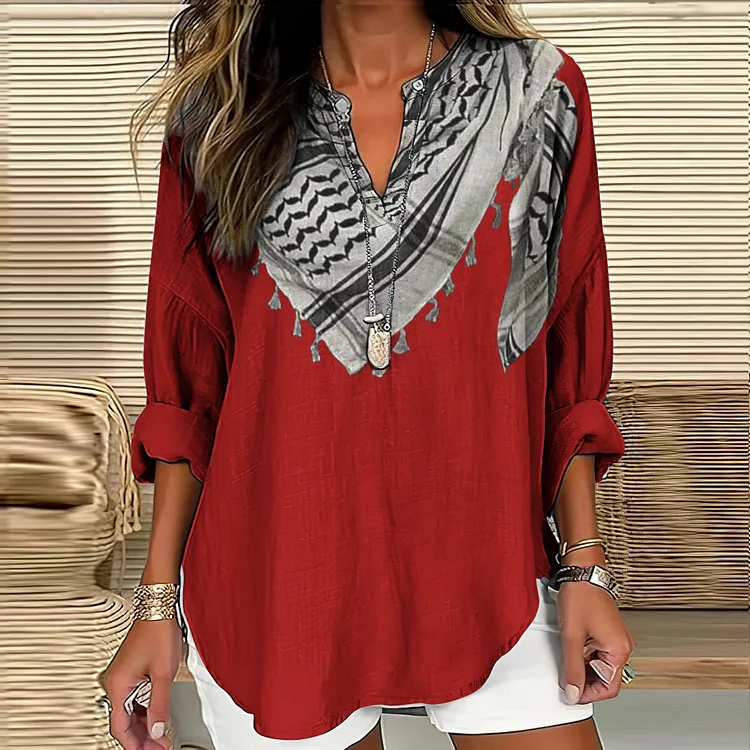 I Hope Peace Forever Kufiya Inspired Pattern Linen Blend Cozy Tunic