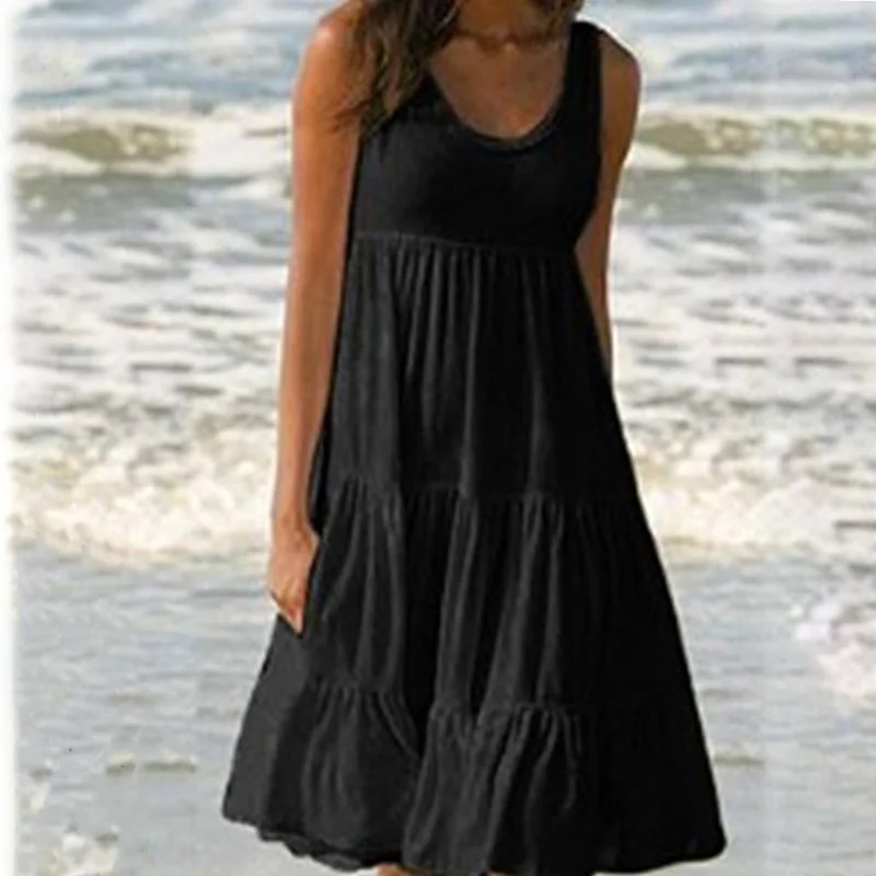 Gentillove Casual Sleeveless O Neck Ruffles Mini Dress Elegant Solid Beach Dress Oversized Loose Dress 2021 Summer Sundress