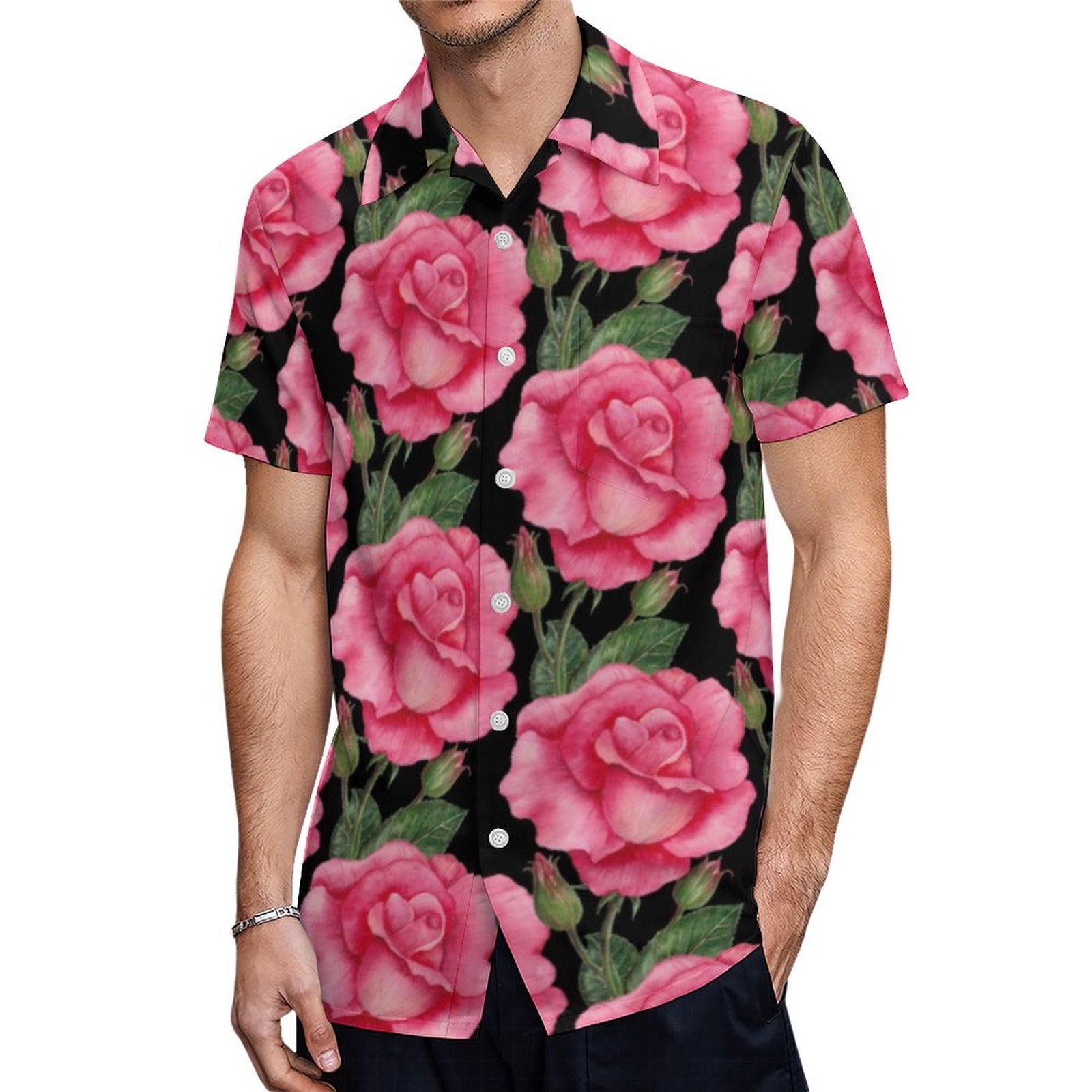 Pink Roses Floral Pattern Black Background Hawaiian Shirt Mens Button Down Tropical Hawaii Beach Shirts
