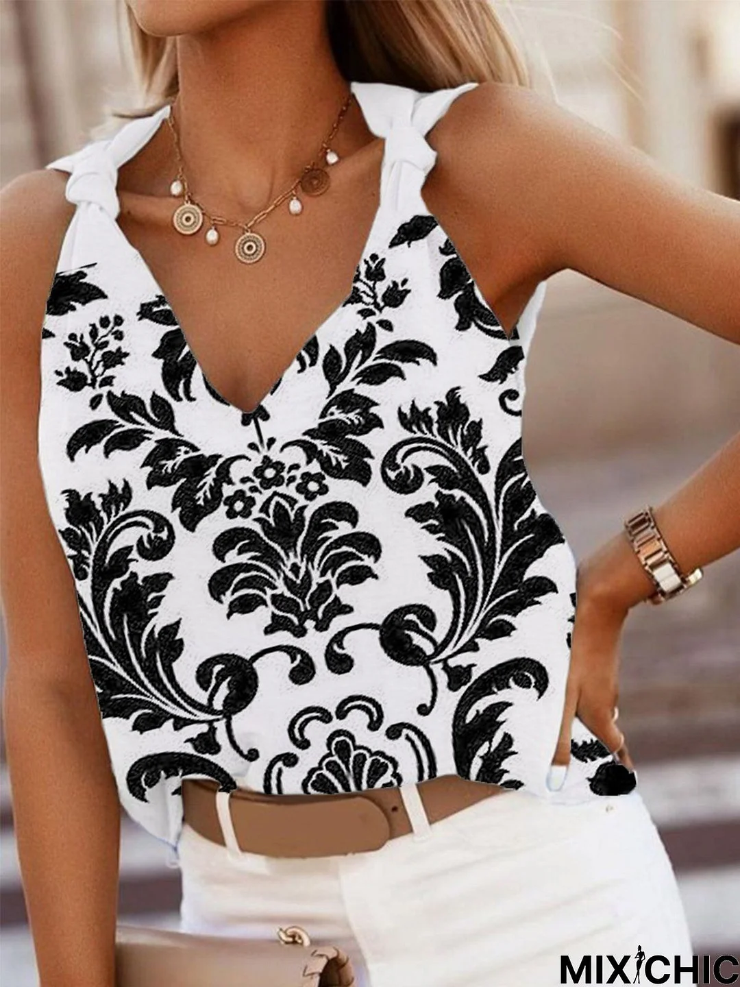 Vintage Tied Detail Sleeveless Geometric Printed V Neck Casual Vest Tops