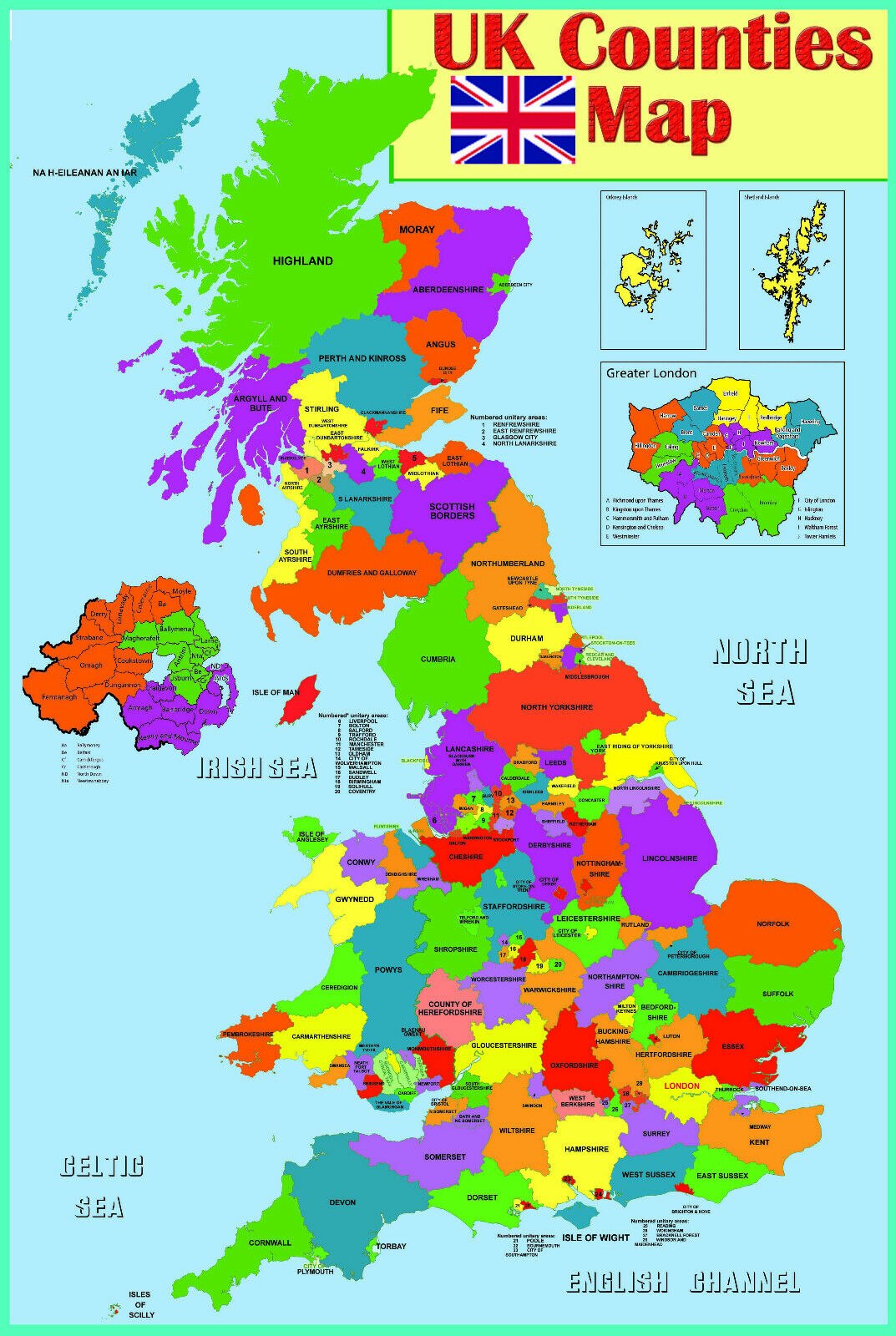 UK COUNTIES MAP EDUCATIONAL Art Picture Print Silk Poster Home Wall Decor