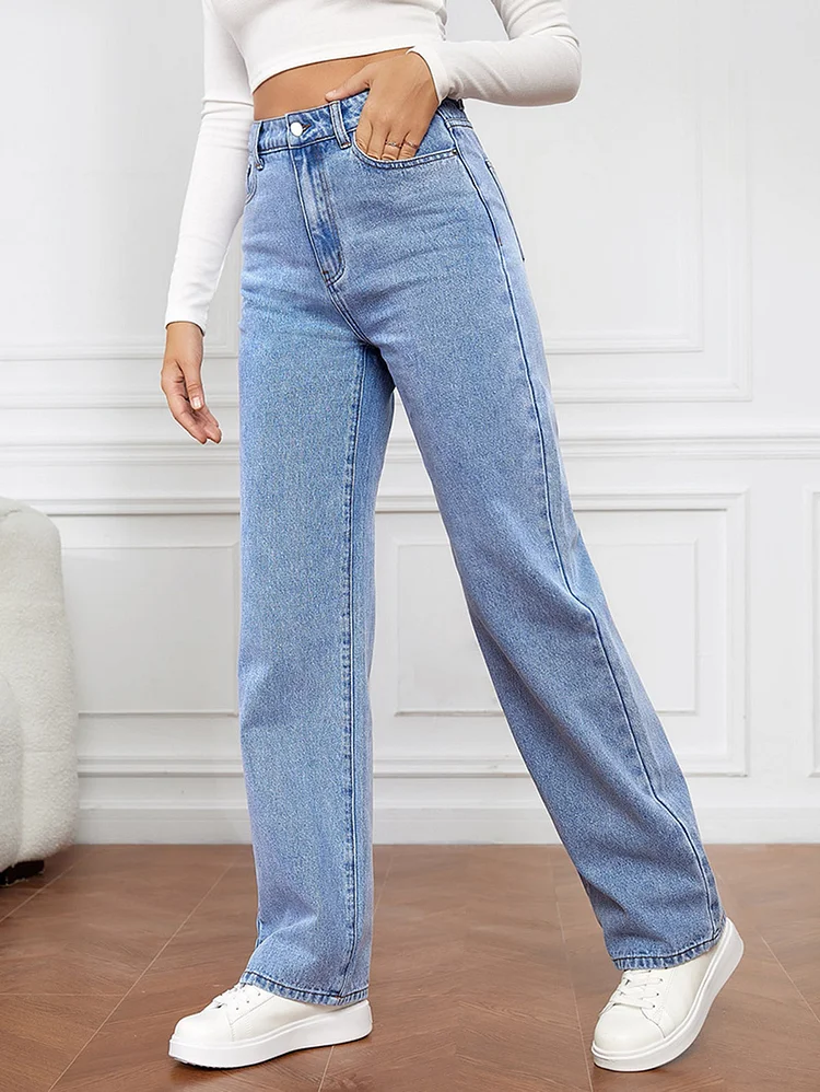 Casual Plain Slant Pocket High Waist Straight Leg Denim Jeans