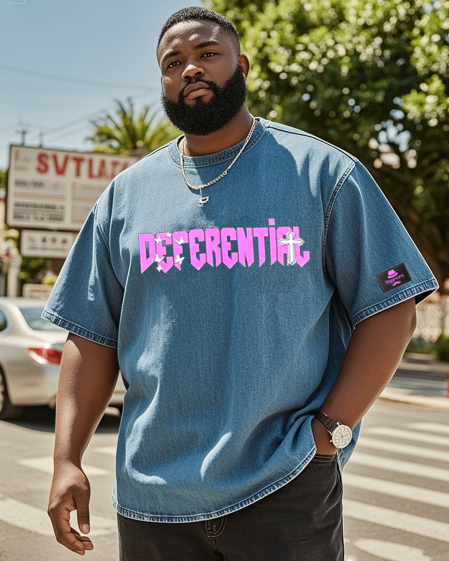Big & Tall Men's Street Fashion DEFE RENT IRL Creative Color Hot Stamping-Washed Denim Short Sleeve T-Shirt