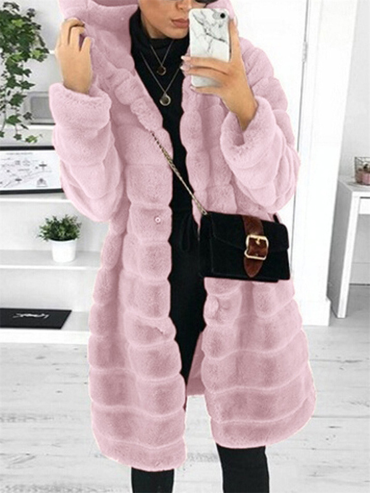 Hot Explosive Models of Autumn and Winter Solid Color Plush Hooded Medium-length Jacket Women's Clothing