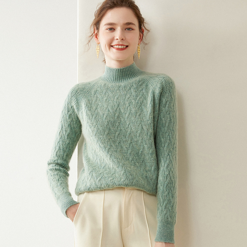 Half Turtleneck Cable-Knit Cashmere Sweater REAL SILK LIFE