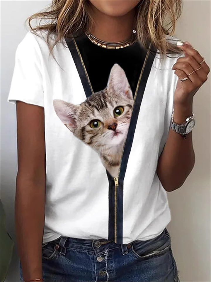 Women's T-shirt 3D Cute Cat Print Europe and The United States Women's Clothing