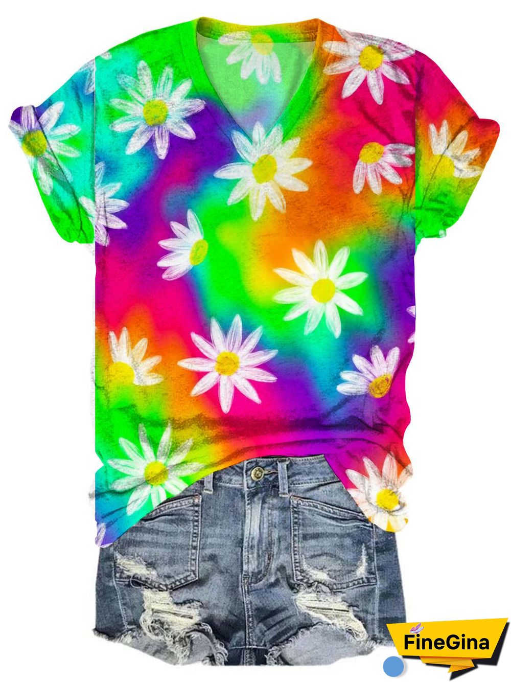 Rainbow Daisy Tie Dye Tie Dye V Neck T-Shirt
