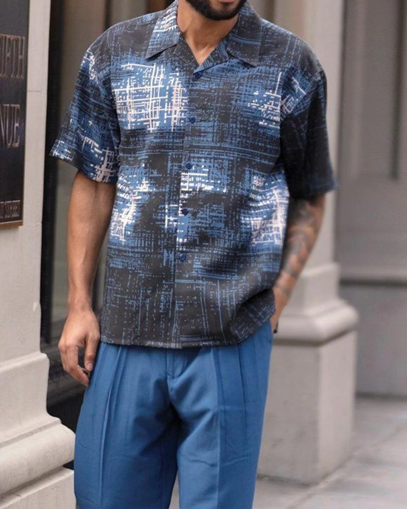Short Sleeve Print Walking Suit Set With Long Pants