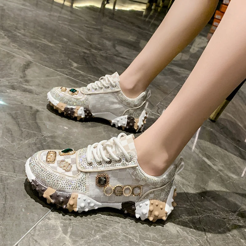 Flat mesh rhinestone sneakers