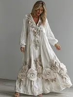 Women's Vintage Boho White Floral Lace Art Flowy Maxi Dress