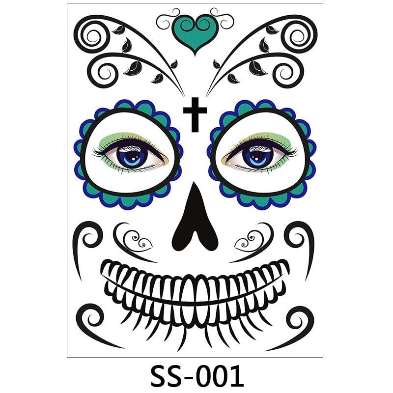 Halloween Temporary Face Tattoos, 1 Sheets Floral Day of the Dead Sugar Skull Face Tattoo Kit Halloween Tattoos