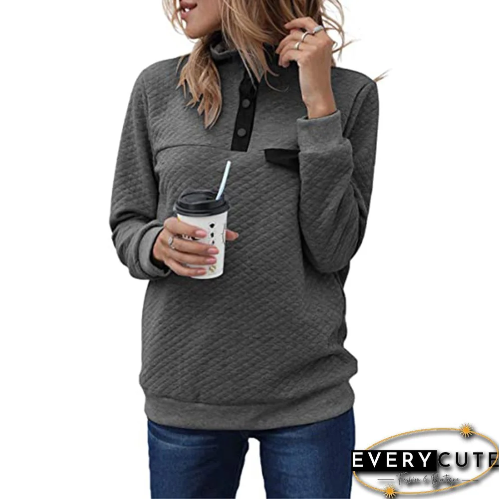 Dark Gray Cotton Blend Button Neck Sweatshirt