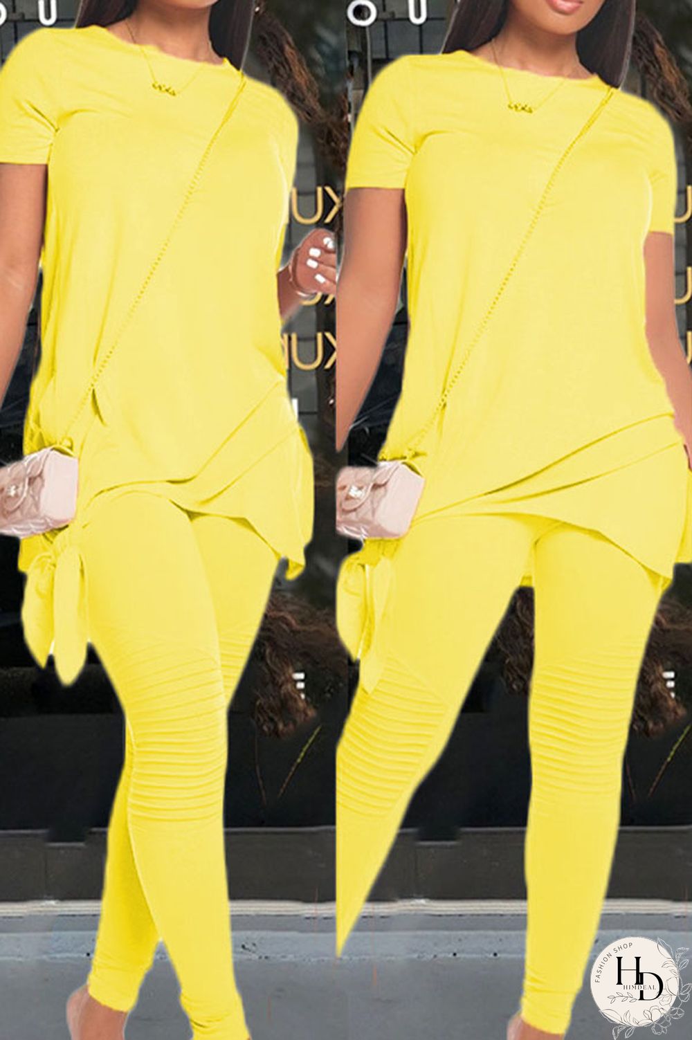 Yellow Elegant Polyester Solid O Neck Two Pieces