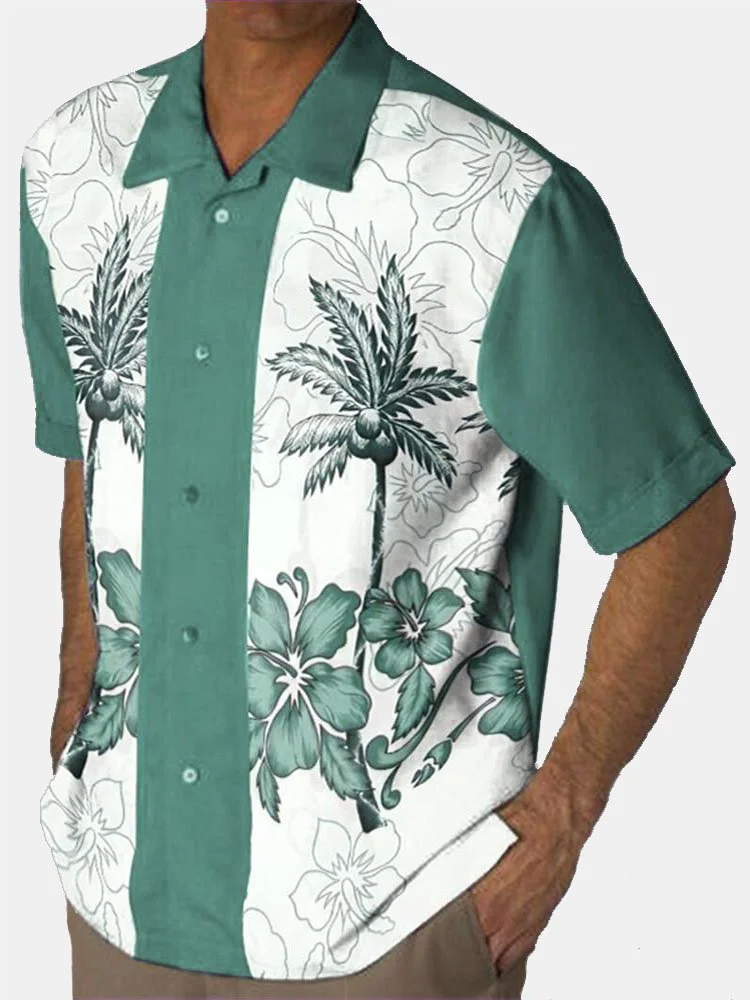 Men's 50‘s Vintage Plus Size Hawaiian Shirts Palm Tree Cotton Blend Top