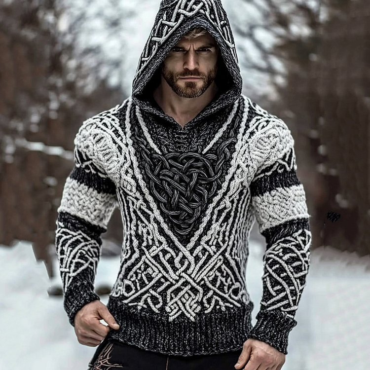 Men's Viking Jacquard Inspired Celtic Hooded Sweater