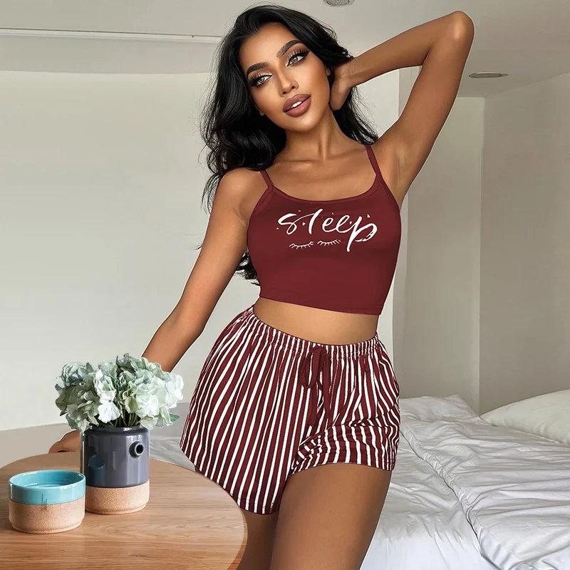Uveng Uveng Sling Pyjamas Women's Sleet Shorts Set Letter Striped Print Lady's Home Clothes Can Be Worn