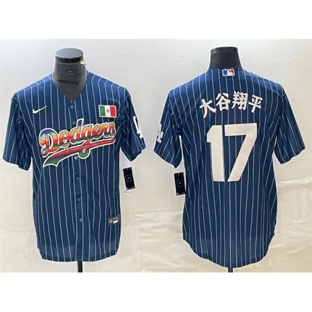 Men's Los Angeles Dodgers #17 Shohei Ohtani Navy Cool Base With Patch Stitched Baseball Jersey 0T44