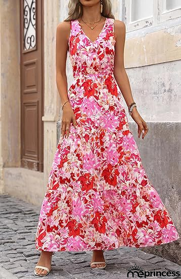 V-Neck Sleeveless Printed Maxi Dress