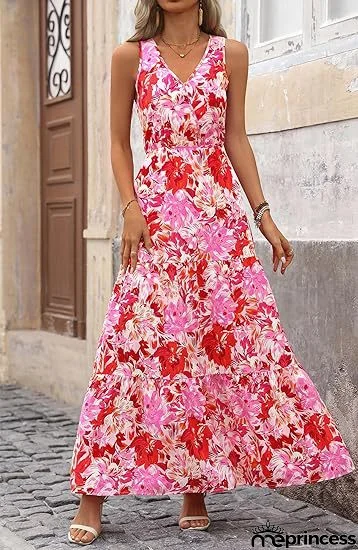 V-Neck Sleeveless Printed Maxi Dress