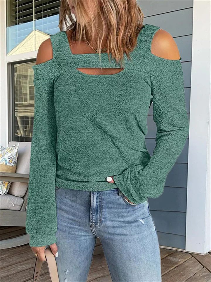 Fashion Casual Solid Color Strapless Loose Long-sleeved T-shirt Female-Cosfine