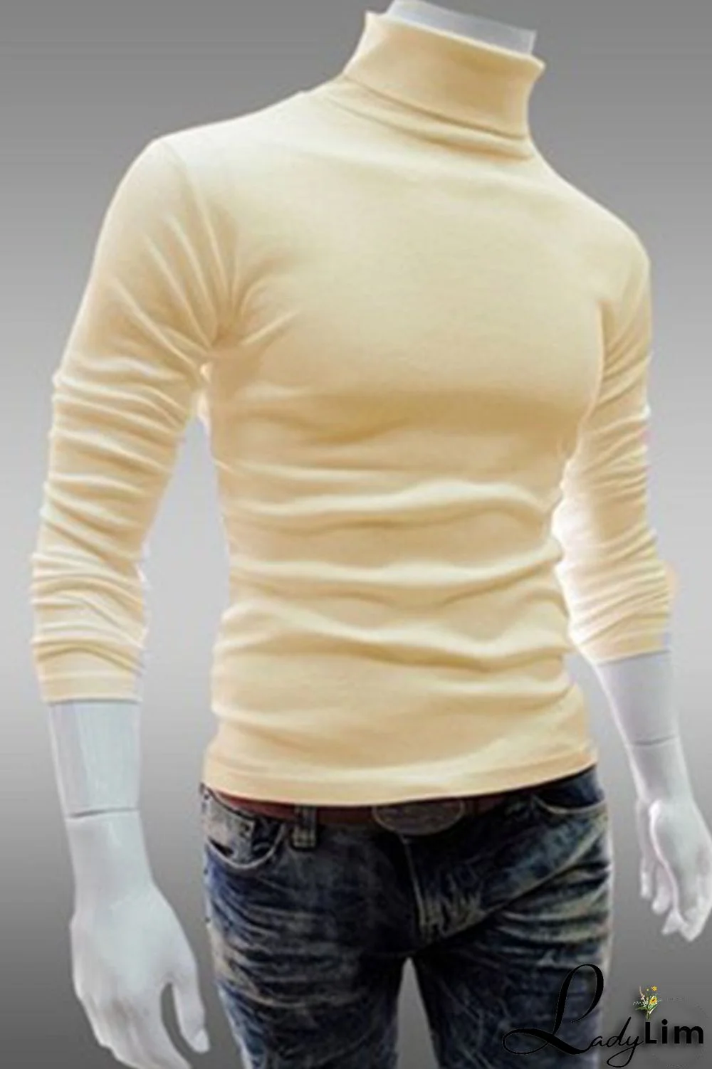 Cream White Casual Solid Split Joint Turtleneck Tops