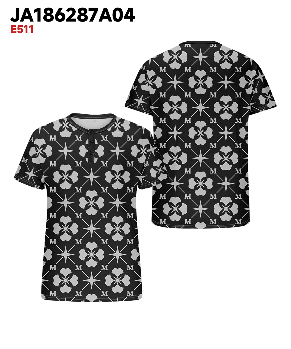 Big & Tall Men's Black Geometric Alphabet Print Henry Collar Button Short Sleeve Tee