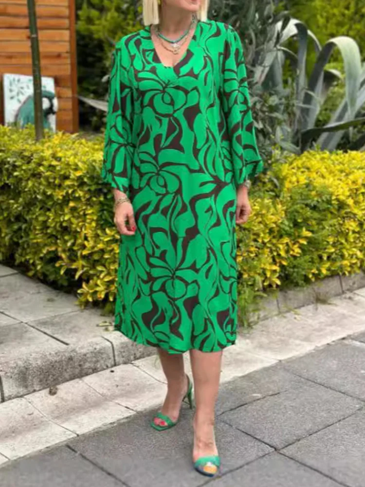 Printed v Neck Long Sleeve Loose Dress