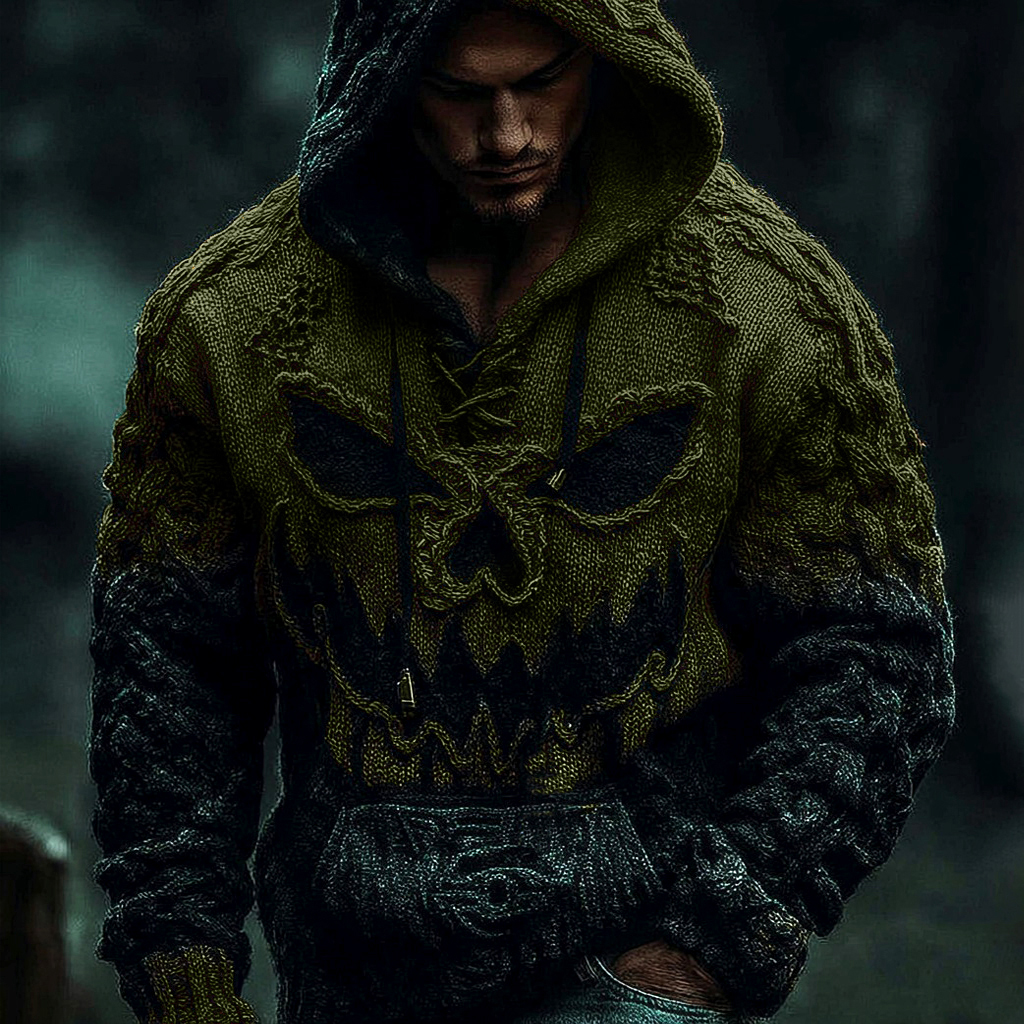 Men's Halloween Pumpkin Face Gradient Jacquard Knit Hooded Sweater  artssus