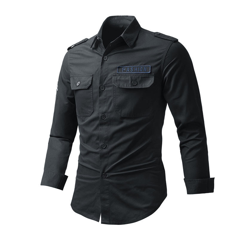 Mens Spring Autumn Cargo Shirts Mens Casual Loose Cotton Embroidery Long Sleeve Shirts Outdoor Hiking Military Tactical T-Shirts