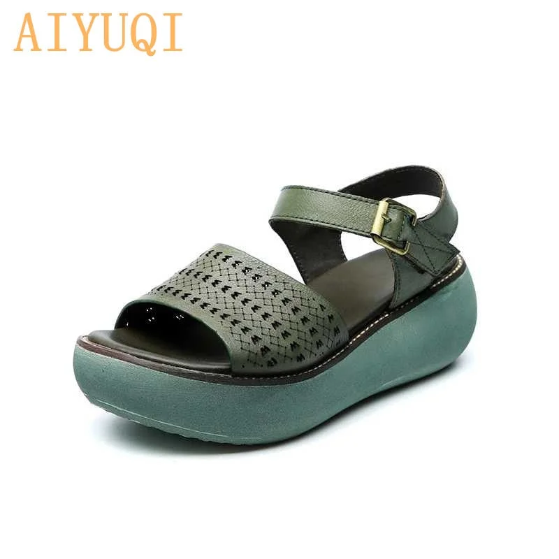 AIYUQI  Women sandals platform wedges shoes 2021 new sandals women genuine leather open toe retro hollow women's summer footwear