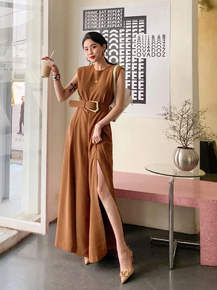 Fashion round neck split wide leg pants professional jumpsuit